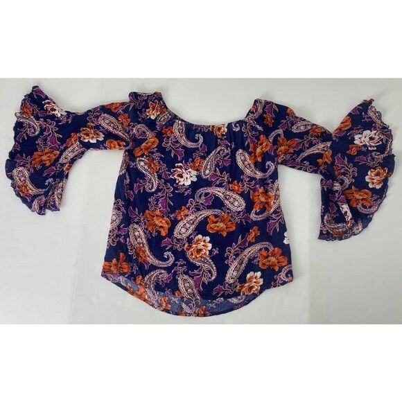 Whimsigoth Bell Sleeve Shirt Blouse Floral Rayon Blue Purple Small - Picture 1 of 8